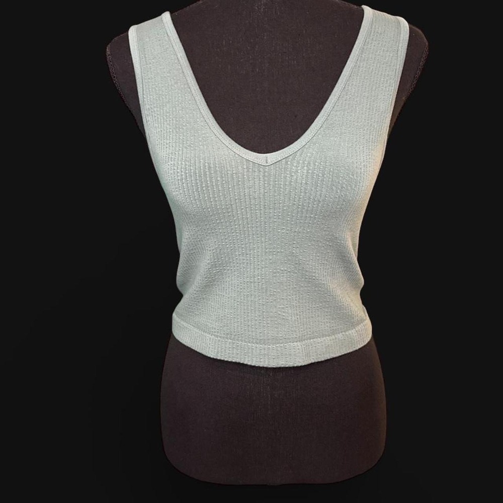 By Together Sage Green Ribbed Seamless V-Neck Crop Tank Top Deep Scoop Back S/M